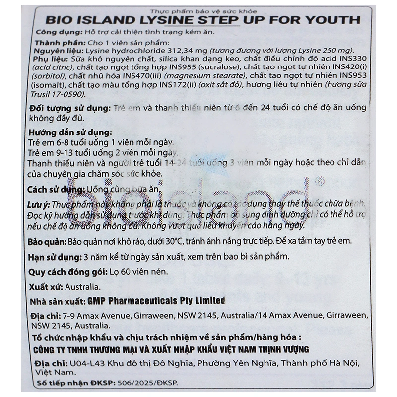 Bio Island Lysine Step Up For Youth hỗ trợ cải thiện tình trạng kém ăn lọ 60 viên - 5